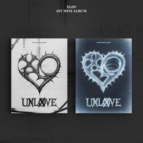 Dos versiones del primer mini álbum UXLXVE de XLOV, en blanco y negro y en azul, sobre fondo oscuro