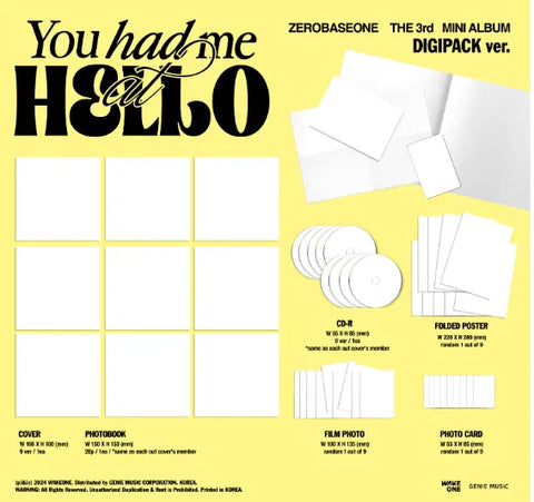 ZEROBASEONE 3rd Mini Album - You had me at HELLO (Digipack Ver.) ( RANDOM VER) - Pig Rabbit Shop Kpop store Spain